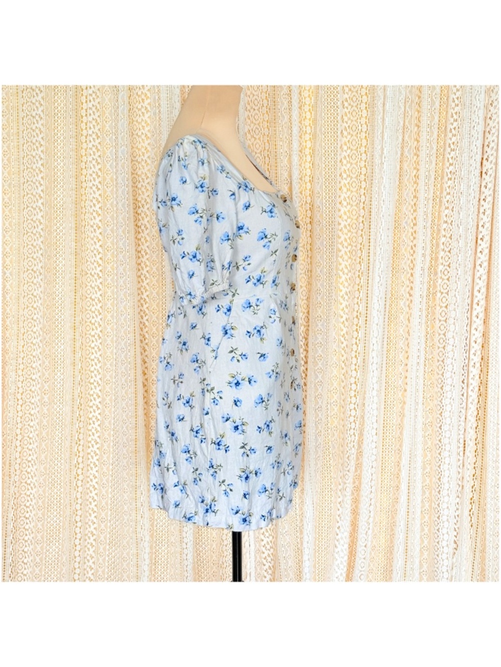Linen Coquette Cottage Blue Floral Puff-Sleeve Mini Summer Dress Old Navy Sz M - Picture 7 of 17
